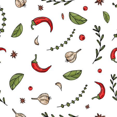 Color seamless vector pattern of elements with hand drawn spice on a white background. Sketch styleのイラスト素材