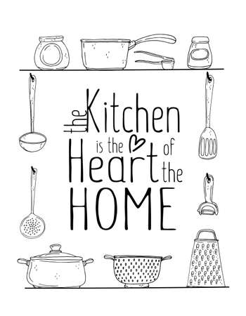 kitchen poster with hand drawn kitchenware, spice and lettering on a white background.のイラスト素材