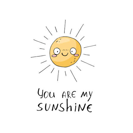 Cute poster with sun on white background. Character and emotion in cartoon style. Hand draw elements in sketch styleのイラスト素材