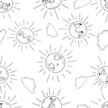Seamless pattern of cute clouds and sun on white background. Character and emotion in cartoon style. Hand draw elements in sketch styleのイラスト素材