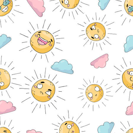 Seamless pattern of cute clouds and sun on white background. Character and emotion in cartoon style. Hand draw elements in sketch styleのイラスト素材