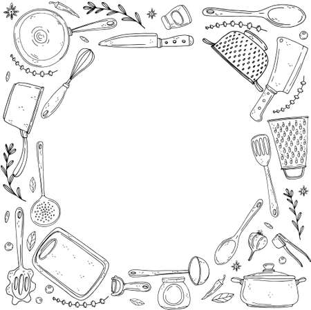 inversion circle made of elements with hand drawn kitchenware on isolate on a white background. Vector black icons in sketch style. Hand drawn objectsのイラスト素材