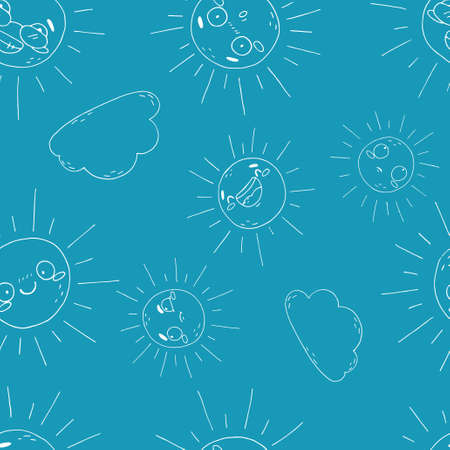 Seamless pattern of cute clouds and sun on blue background. Character and emotion in cartoon style. Hand draw elements in sketch styleのイラスト素材