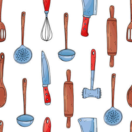 Color seamless vector pattern of elements with hand drawn kitchen tools on a white background. Sketch styleのイラスト素材