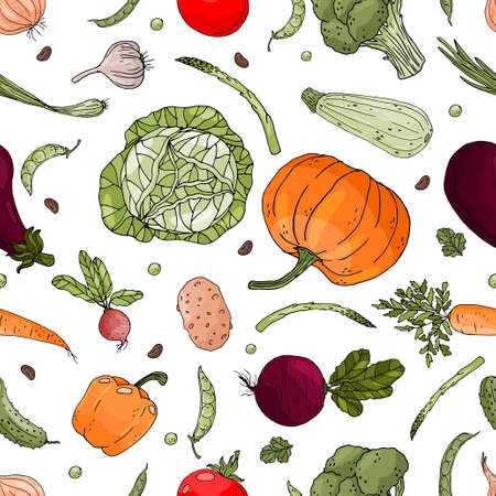 Seamless vector pattern of elements with hand drawn vegetables on a white background.のイラスト素材