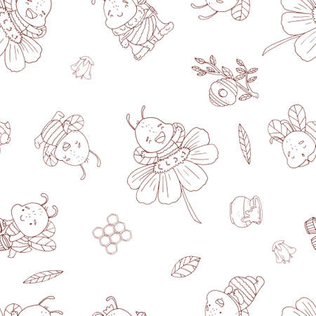 Semless pattern with cute contour bee, flowers and hunny isolate on a white background. Vector art in cartoon sketch style.のイラスト素材
