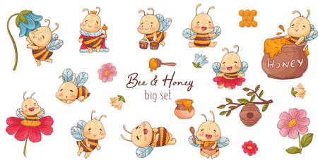 Big set of cute bee, flowers and hunny isolate on a white background. Vector object in cartoon sketch style.のイラスト素材