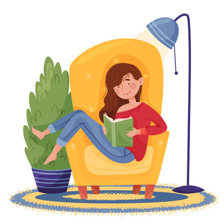 The picture shows that in quarantine it is better to stay at home. A girl in blue jeans, a red sweater is sitting on a yellow armchair and reading a green book, near a blue lamp, a blue and yellow carpet and a treeのイラスト素材