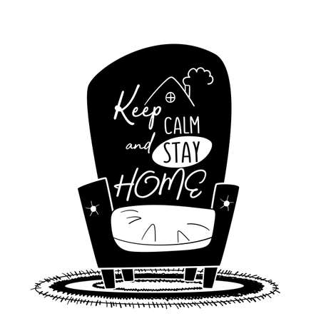 Picture shows that in quarantine it is better to stay at home. lettering Let's stay home. Isolated armchair with pillow and round carpet in black and white style. painted vector illustration.のイラスト素材