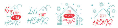 Stay home lettering in colorful sketch style. In the picture there are inscriptions of houses and bricks with a pipe from which smoke comes around which the coronavirus COVID19 is drawnのイラスト素材