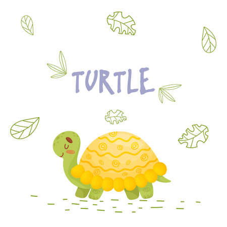 Poster with cute cartoon turtle in jungle. Element for print, postcard and t-shirt isolate on white background. Vector illustrationのイラスト素材
