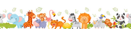 Seamless border with animals: koala, crocodile, elephant, giraffe, hippo, monkey, flamingo, tiger, turtle, zebra, lion, chameleon, rhino, toucan, sloth, parrot, panda. Vector, isolated backgroundのイラスト素材