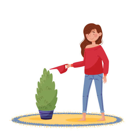 Lettering let's stay home. Girl in red sweater and jeans watering home plant near round carpet and window with yellow curtains. Colorful isolated vector illustration on white background in flat styleのイラスト素材