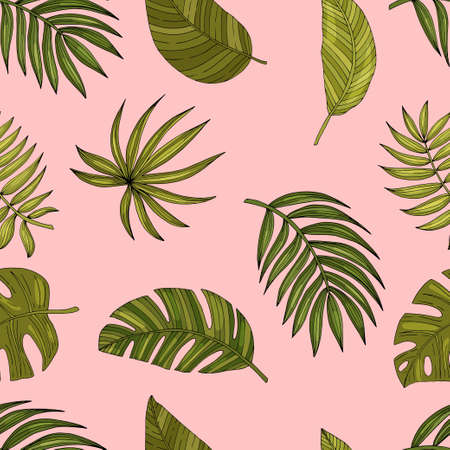 Seamless pattern leaves with many shades of green on a pink