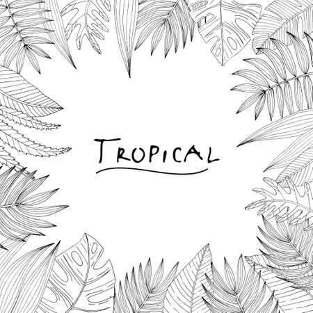 Poster with ornament, frame border, hand drawn tropical or forest leaves of black skeich on a white chalkboard background, oval or ovoid type. Vector composition isolated on a white backgroundのイラスト素材