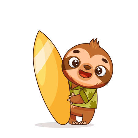 A cute sloth in a Hawaiian shirt is standing and holding a surfboard.のイラスト素材