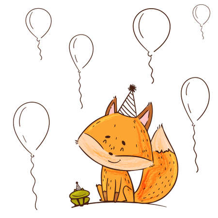 Cute cartoon fox celebrating birthday. Sits among balloons with a frogのイラスト素材
