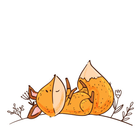 Cute cartoon fox lies among flowers among flowersのイラスト素材