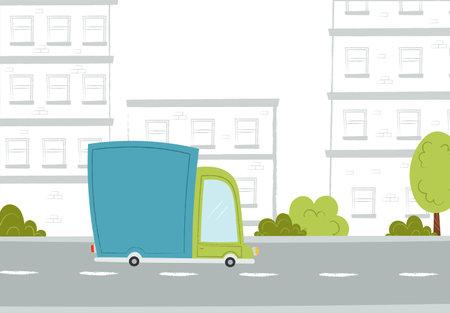 Cartoon truck on road. Street in the city. Cute texture hand draw illustration.のイラスト素材