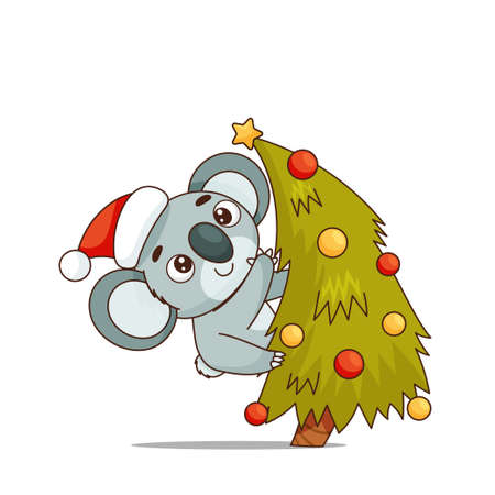 Koala climbed onto the Christmas tree. A kid in a santa hat reaches for a starのイラスト素材