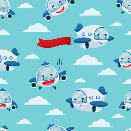 Seamless pattern with a funny airplane in the sky. Light blue background.のイラスト素材