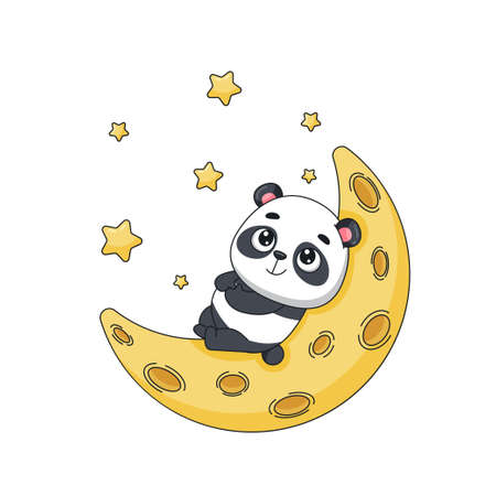 A cute panda lies on the moon, looks up, around the starのイラスト素材