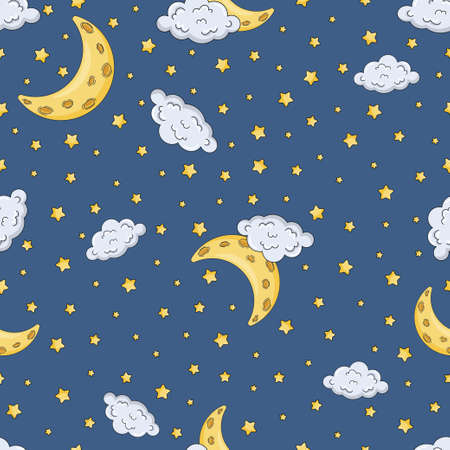 Seamless pattern with blue sky background, moon, stars.のイラスト素材
