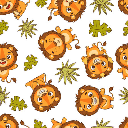 Seamless pattern with a little lion cub and tropical leaves.のイラスト素材