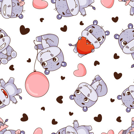 Seamless pattern of cute hippos in cartoon style.のイラスト素材