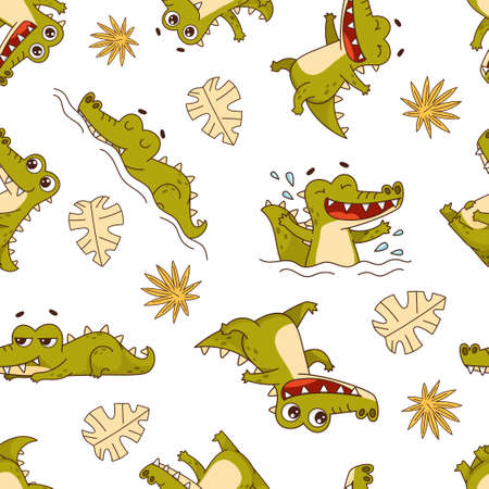 Seamless pattern with cartoon crocodiles among tropical leaves.のイラスト素材