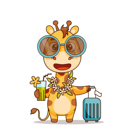 Joyful giraffe in sunglasses goes on vacation with a suitcase and a cocktailのイラスト素材