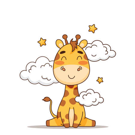 The giraffe sits happy, smiles near the clouds and starsのイラスト素材