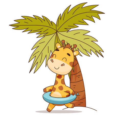 Giraffe runs with blue swim ring near palm treeのイラスト素材