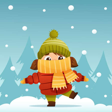 A boy plays outside in winter against the backdrop of snow and fir treesのイラスト素材