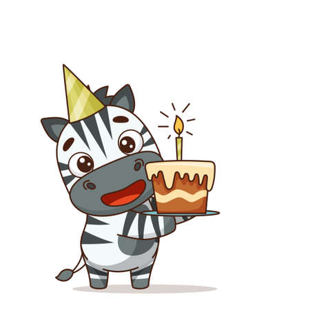 Zebra celebrating a birthday in a cap with a cake and a candleのイラスト素材