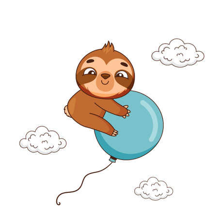 Smiling sloth flying on a blue balloon near the cloudsのイラスト素材