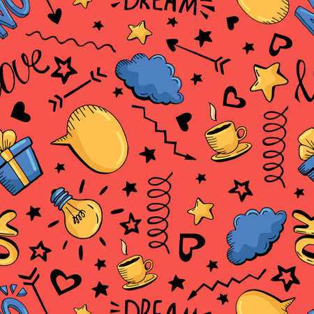 Seamless hand draw vector pattern on red background.のイラスト素材