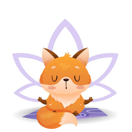 Baby fox is meditating and doing yoga on a mat and a lotus sign in the backgroundのイラスト素材