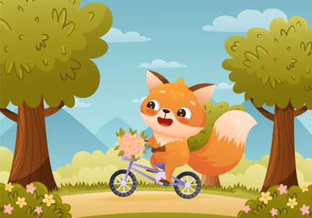 Baby fox rides a bicycle with a bouquet of flowers in a basketのイラスト素材