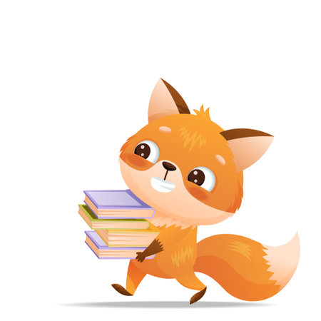 Baby fox carries books to school or libraryのイラスト素材