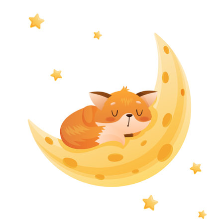 Baby fox sleeps on the moon in the form of cheese around the starのイラスト素材