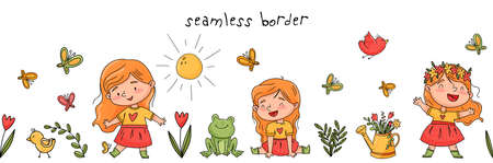 Seamless border of a girl with a wreath on her head. Around flowers, birds, butterflies, frog, sunのイラスト素材