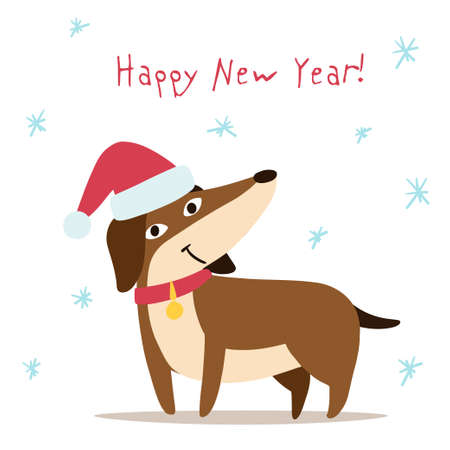 Satisfied dachshund is standing in a Christmas hat. Snowflakes around. Happy New Year letteringのイラスト素材