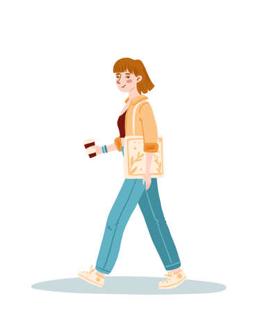 The girl walks with coffee in her hands. She is wearing jeans, sneakers, a top and a shirt.のイラスト素材