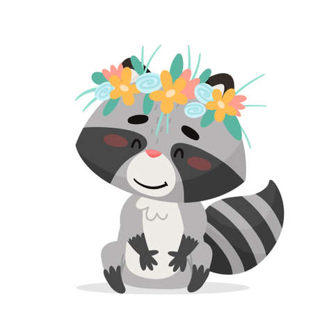 Raccoon sits with a wreath of flowers. Drawn in cartoon style. Isolated on white backgroundのイラスト素材