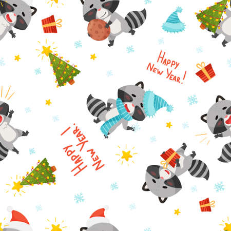 Seamless pattern raccoon celebrates Christmas with Christmas tree, gifts and sweets.のイラスト素材