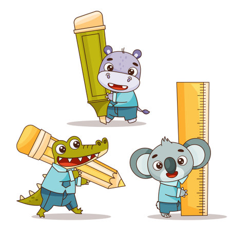 Set of kids kawaii tropical animals with pencil, marker and rulerのイラスト素材