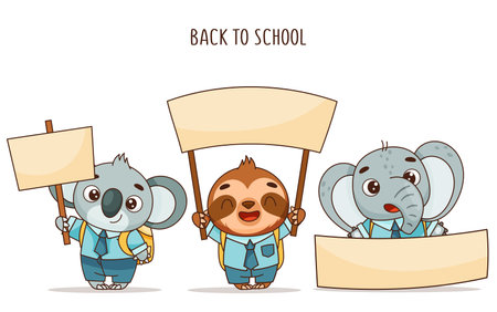 Set of cute schoolchildren koala, sloth and elephant.のイラスト素材