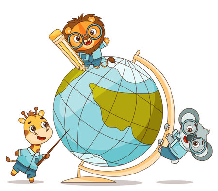 Set of kids kawaii tropical animals with globeのイラスト素材