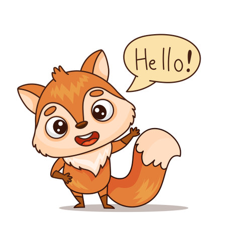 Cartoon fox with a happy expression and a speech bubble that reads hello. Vectorのイラスト素材